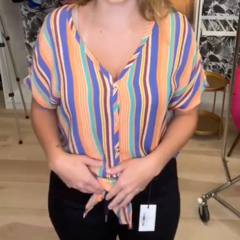 NWT White Birch Button Down Multicolor Vibrant Striped V Neck Blouse Tie Front